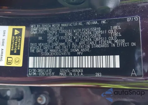 2013 Toyota Highlander Limited V6 из США, поврежденный, VIN 5TDDK3EH3DS248516